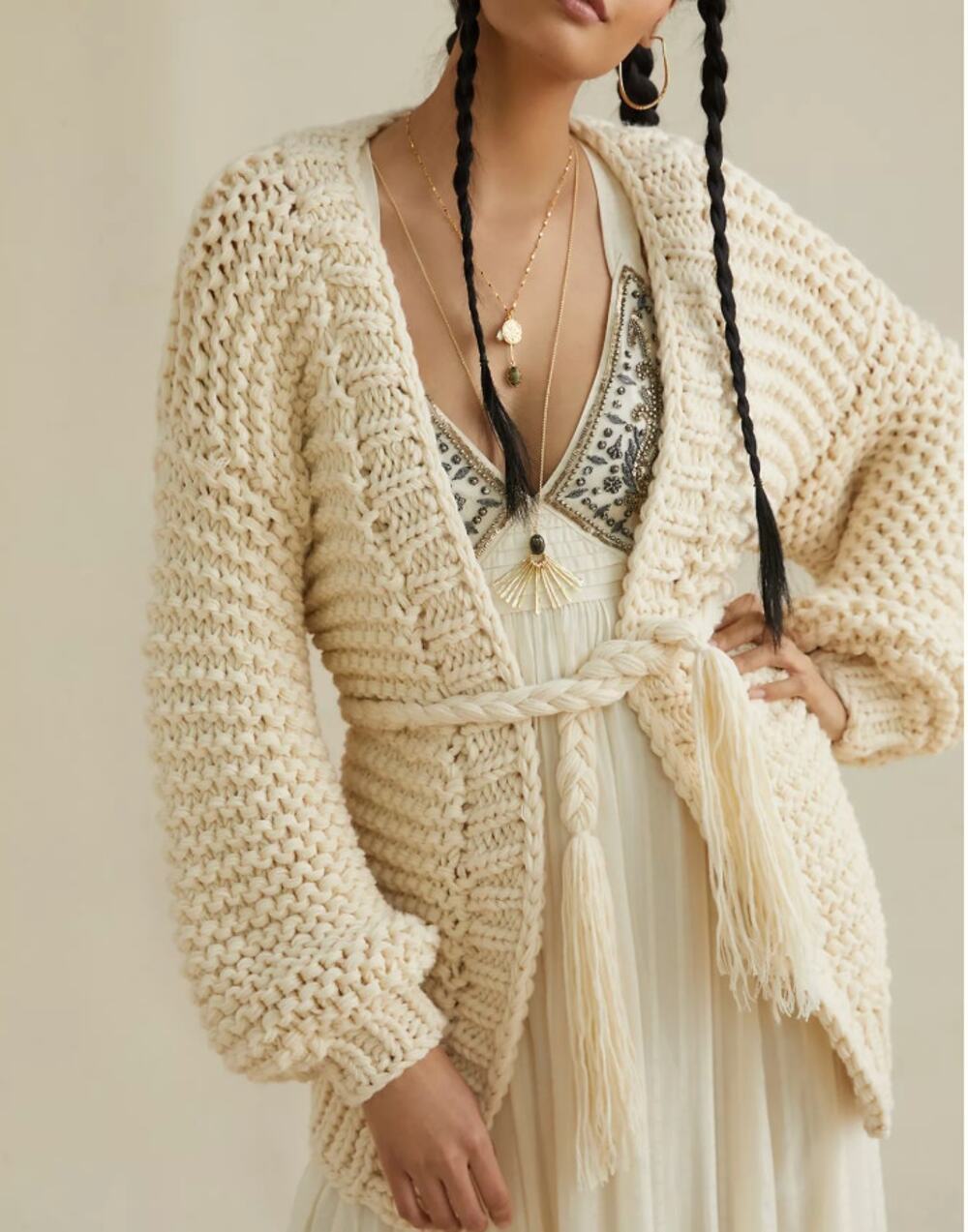 BY ANTHROPOLOGIE NWOT Chunky Belted Cardigan Open Front Tassels Boho ONE SIZE